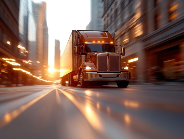 Semi-truck speeding down city street at sunset.
