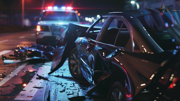 A severe nighttime car crash showing a darkly colored sedan with heavy rear-end damage, while a police cruiser with flashing red and blue lights is visible in the background.