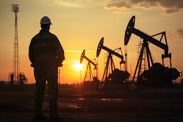 A silhouette of a worker in a hard hat and coveralls looking out over a row of oil pump jacks at sunset.