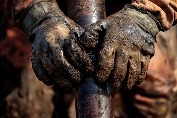 Close-up of a worker's hands in heavy, oil-stained gloves gripping a industrial pipe, illustrating the hazardous conditions and physical risks addressed by a Texas oilfield accident injury lawyer.
