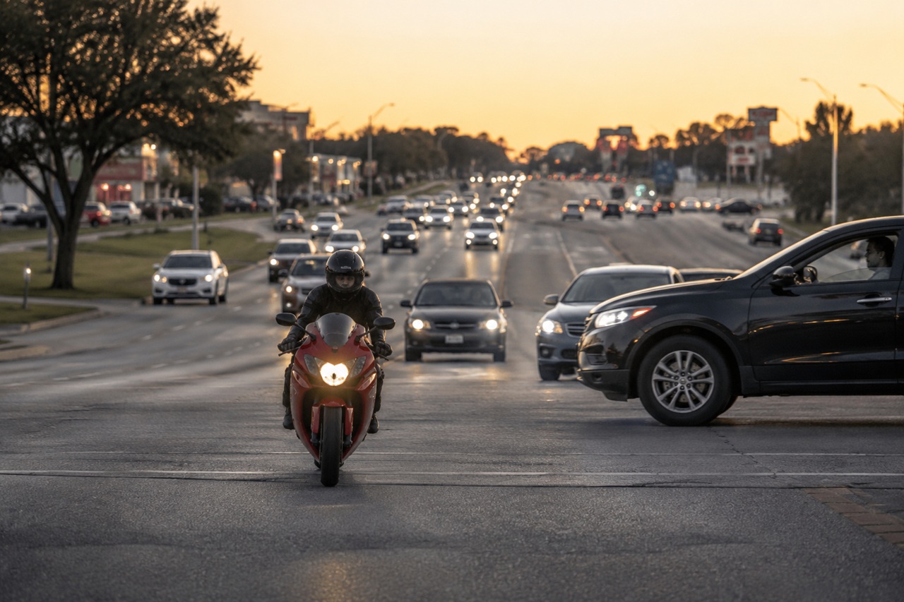 A red motorcycle with its headlight on travels through a busy multi-lane intersection at dusk as a black SUV crosses its path, illustrating the importance of "looking twice" to prevent San Antonio motorcycle accident.