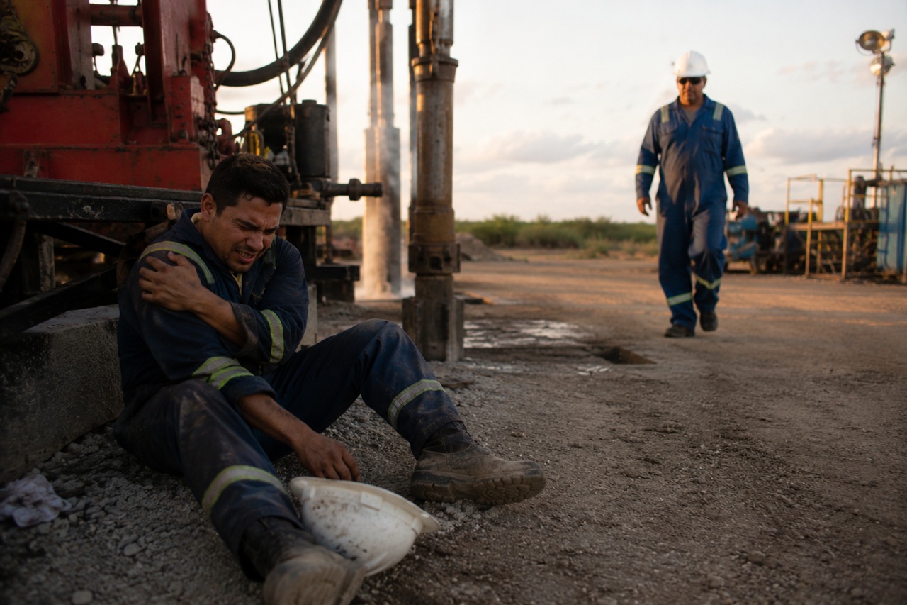 An oil field worker in blue coveralls sits on the ground grimacing and clutching his shoulder after an accident at a drilling site, illustrating the types of incidents that lead to non-subscriber work injury claims for Texas oil field workers.