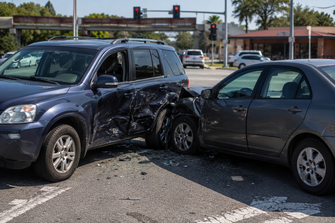 A grey sedan with a crumpled front end crashes directly into the passenger side door of a blue SUV at a busy city intersection, creating a T-bone car accident.