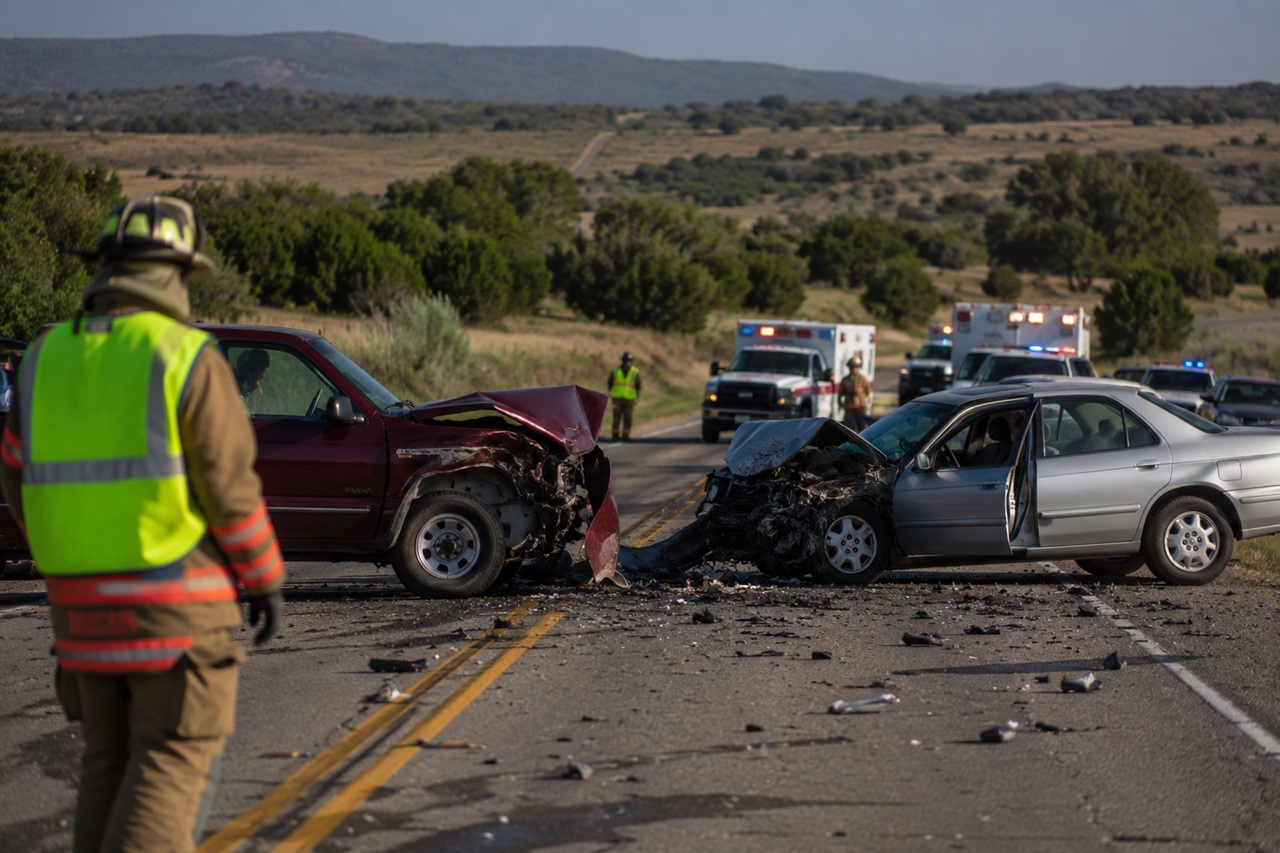 A firefighter stands in the foreground observing a severe head-on collision between a maroon pickup truck and a silver sedan on a two-lane rural highway, with emergency vehicles and ambulances arriving in the background.