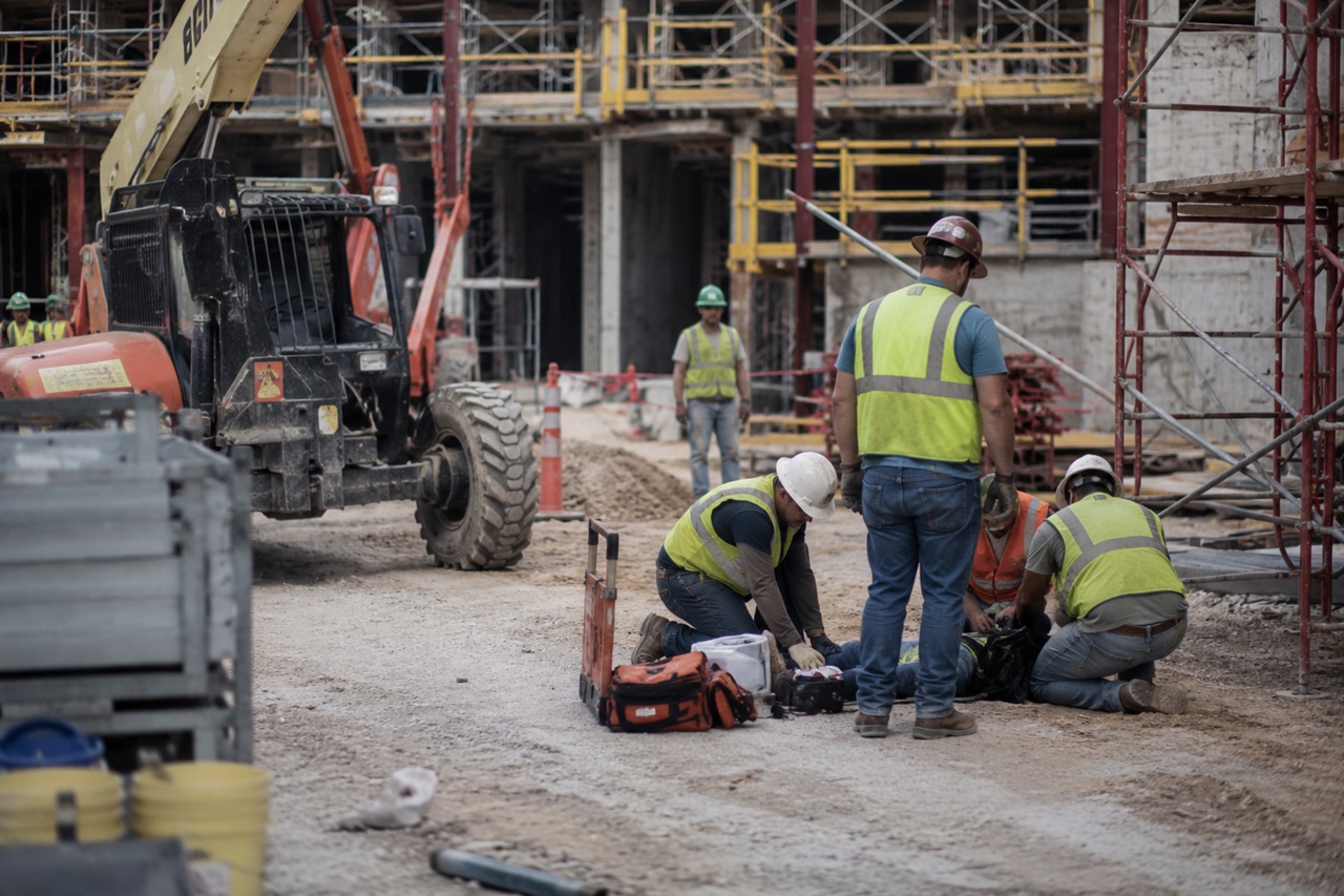 Construction workers in safety vests and hard hats gather around an injured colleague lying on the ground at an active construction site, with a first-aid kit nearby and heavy machinery in the background.