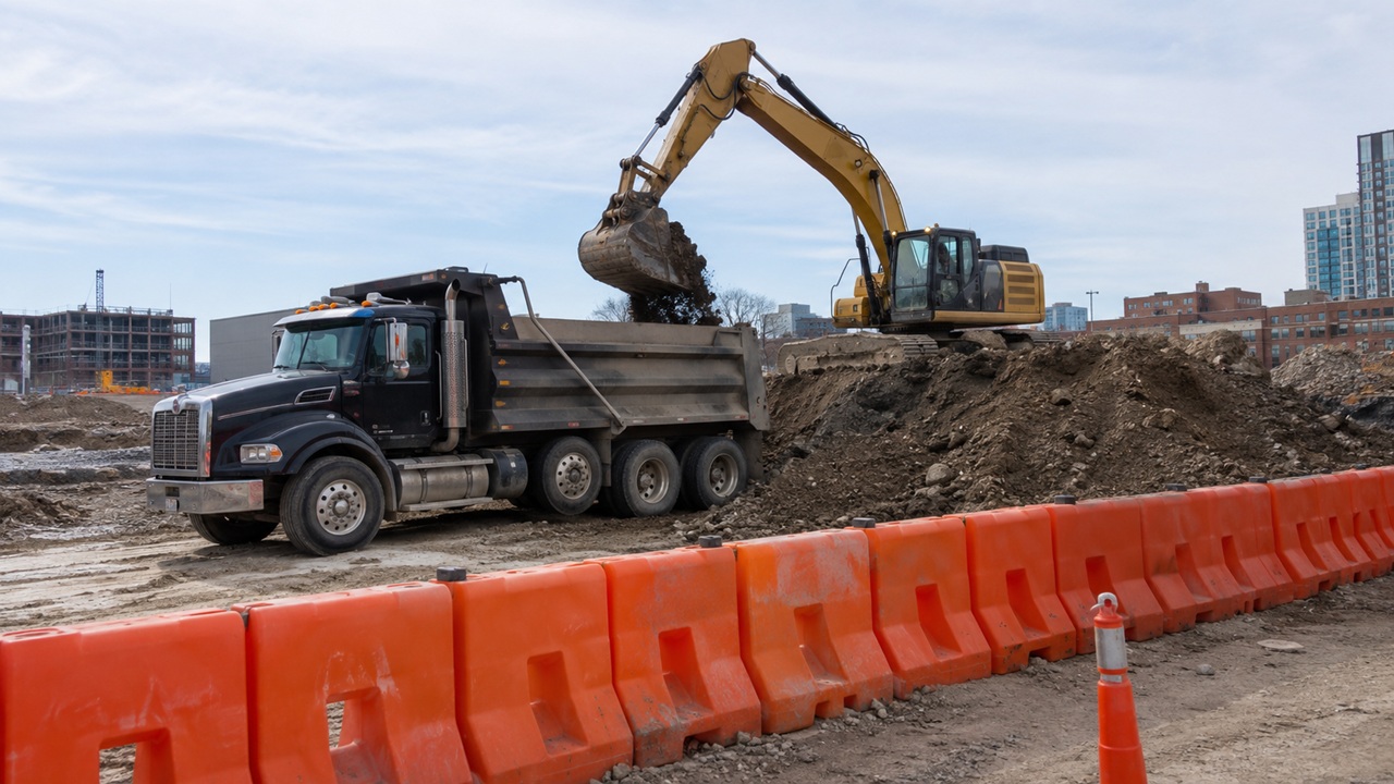 A large yellow excavator scoops and loads dirt into the bed of a black dump truck at an active construction site bordered by orange plastic safety barriers, representing heavy machinery hazards, struck-by accidents, and third-party personal injury claims for injured Texas construction workers.