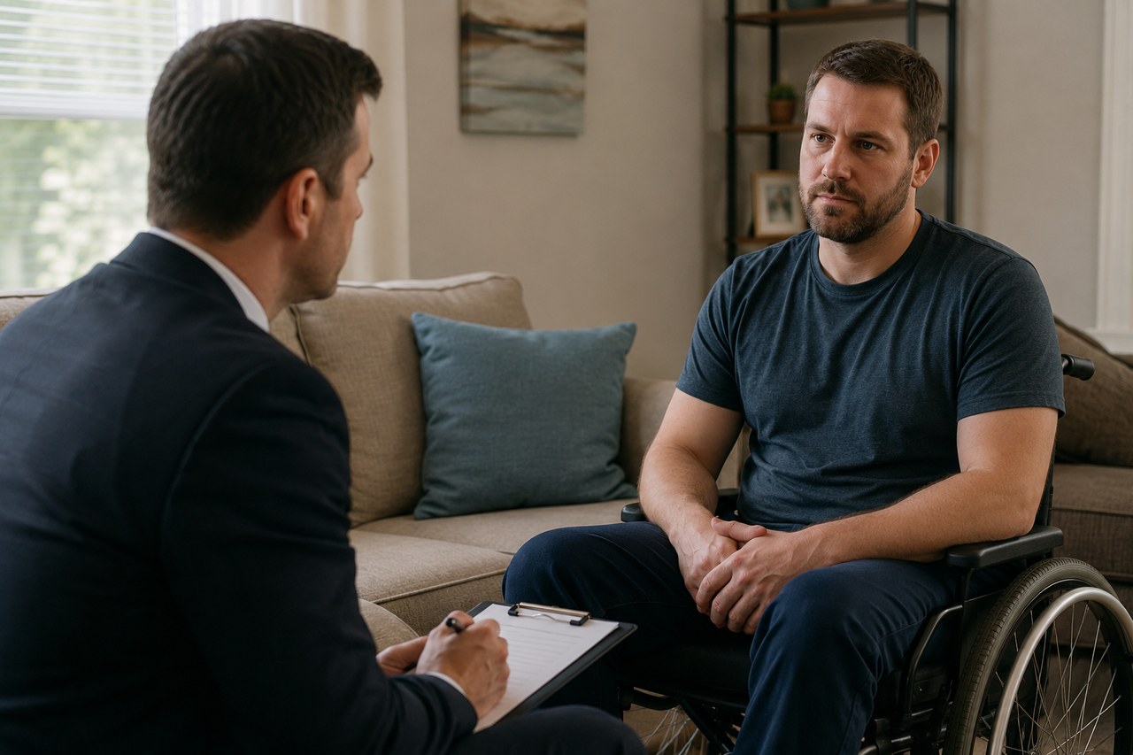 Man in a wheelchair speaking with a professional in a living room about his spinal cord injury claim.