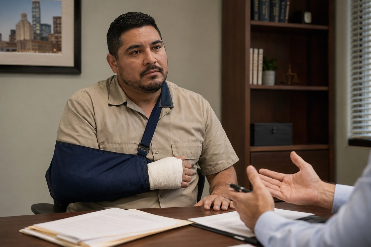Injured worker with his arm in a sling speaking with a lawyer about paperwork in an office.