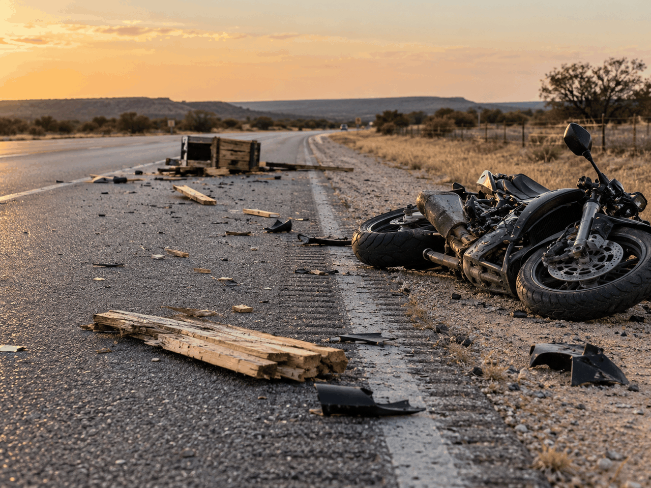 Motorcycle lying on the shoulder of a Texas highway with scattered road debris and broken wood across the roadway.