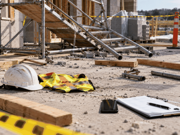 Construction site accident scene with a collapsed scaffold, scattered debris, hard hat, safety vest, clipboard and smartphone documenting the site.