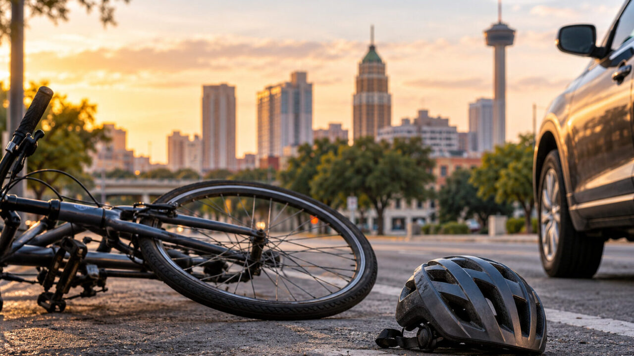 Damaged bicycle and helmet lying on a San Antonio street near a vehicle, with the downtown skyline and Tower of the Americas in the background.